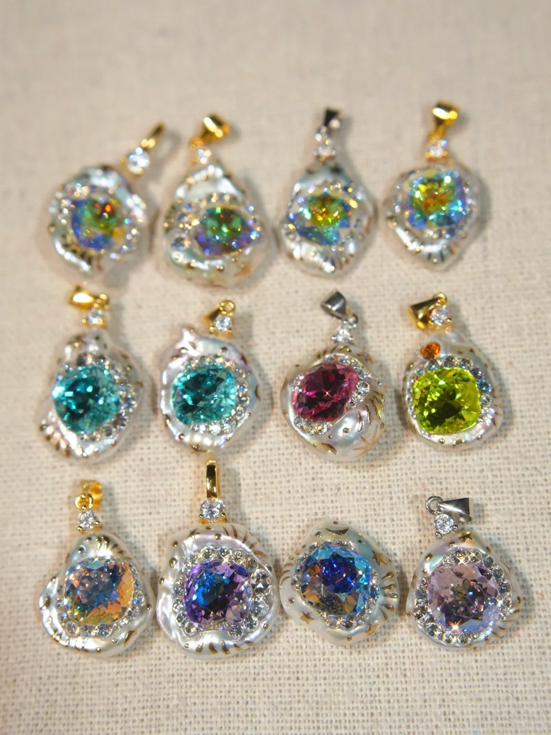 A collection of handcrafted pearl pendants in many colours